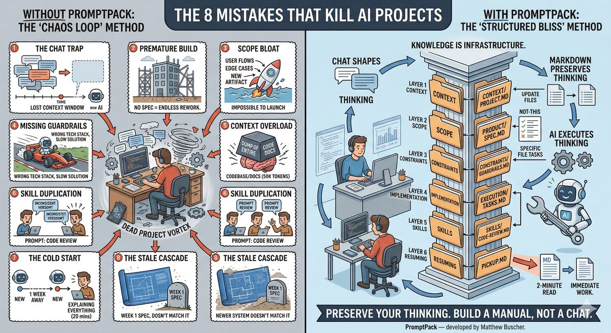 Infographic comparing the 8 AI project mistakes (the Chaos Loop) with the PromptPack structured system (Structured Bliss)