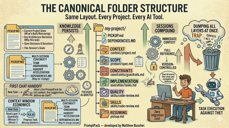 The canonical folder structure — PICKUP.md, DEPENDENCIES.md, and six standard folders for every AI project
