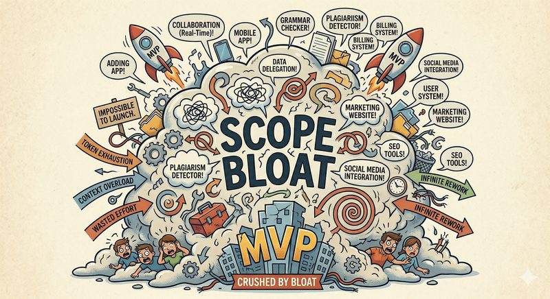 Illustration of Scope Bloat — a rocket weighed down by user flows, edge cases, and new artifacts, impossible to launch