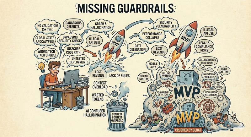 Illustration of Missing Guardrails — a race car spinning out with wrong tech stack and slow solution