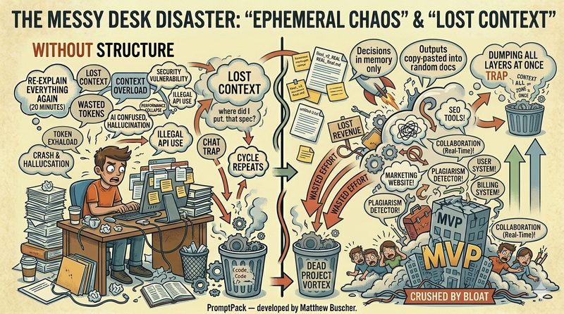 AI work without structure — the ephemeral chaos method with lost context windows, scattered prompts, and permanent rebuilding