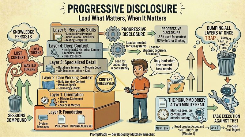 The 6 layers of progressive disclosure — Foundation through Quality, loaded only as needed